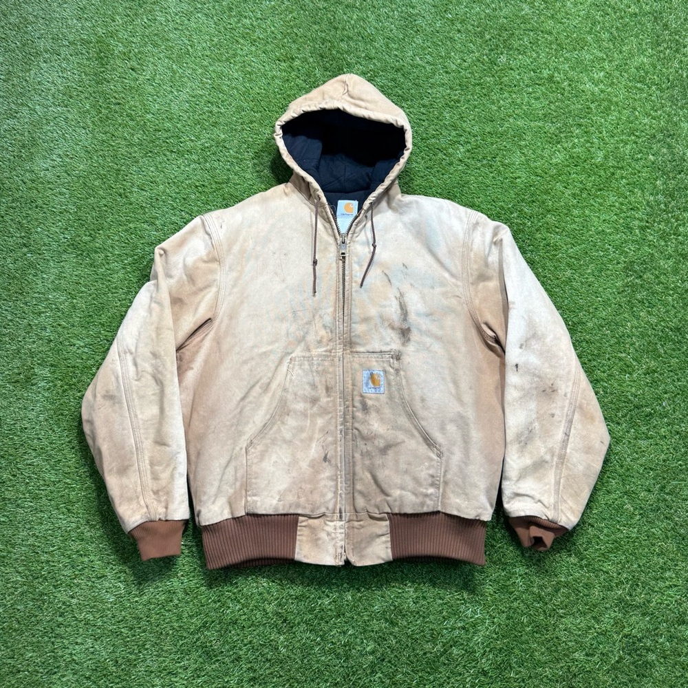 Vintage Carhartt Hooded Jacket / Coat Quilted Size Medium Distressed Beige Brown